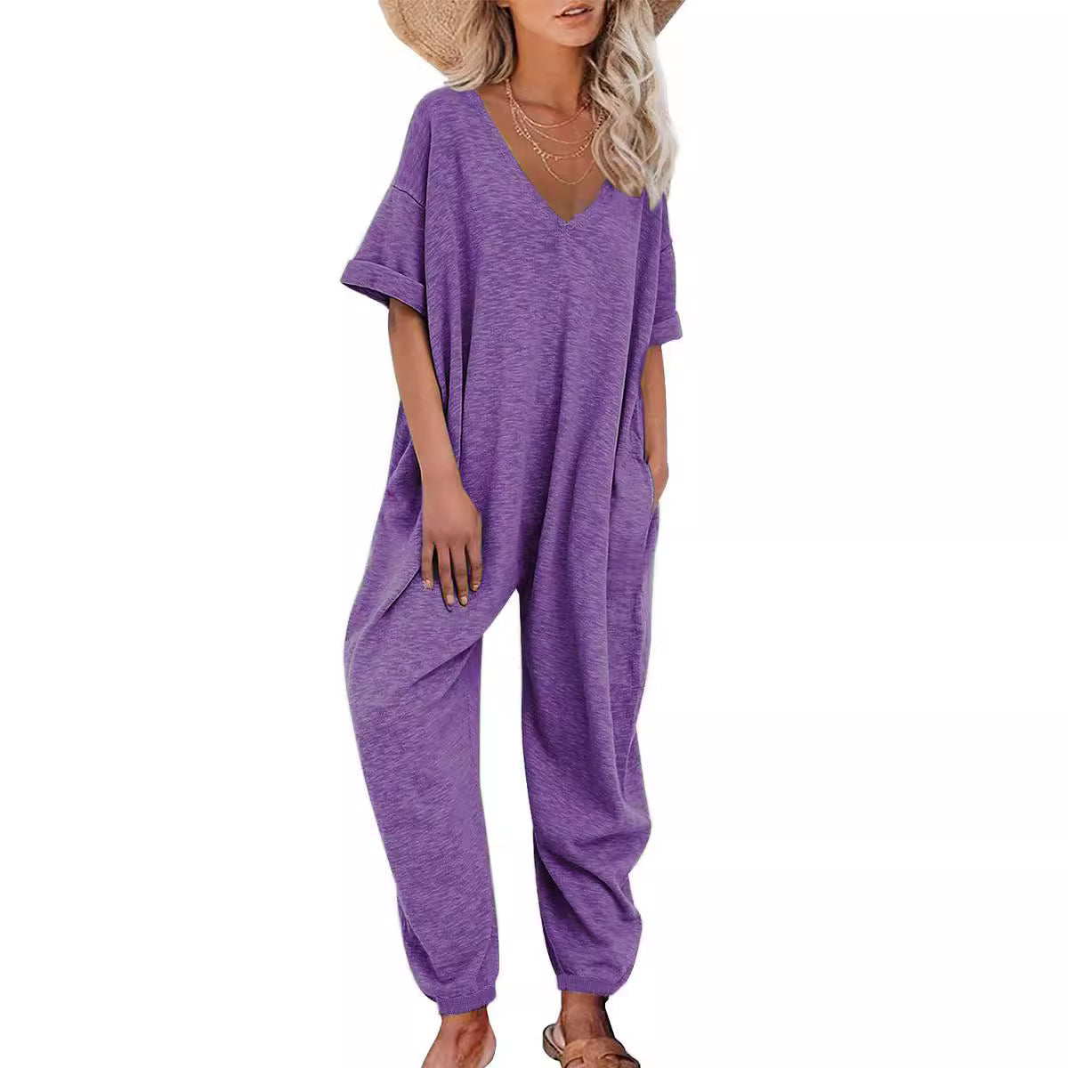 Damen Oversized Jumpsuit mit tiefem V-Ausschnitt und lässigen Taschen R&B
