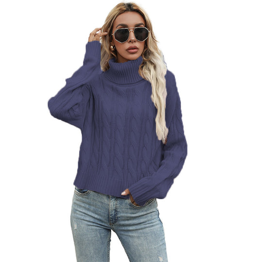 Damen Grobstrickpullover mit hohem Rollkragen und markantem Zopfmuster R&B
