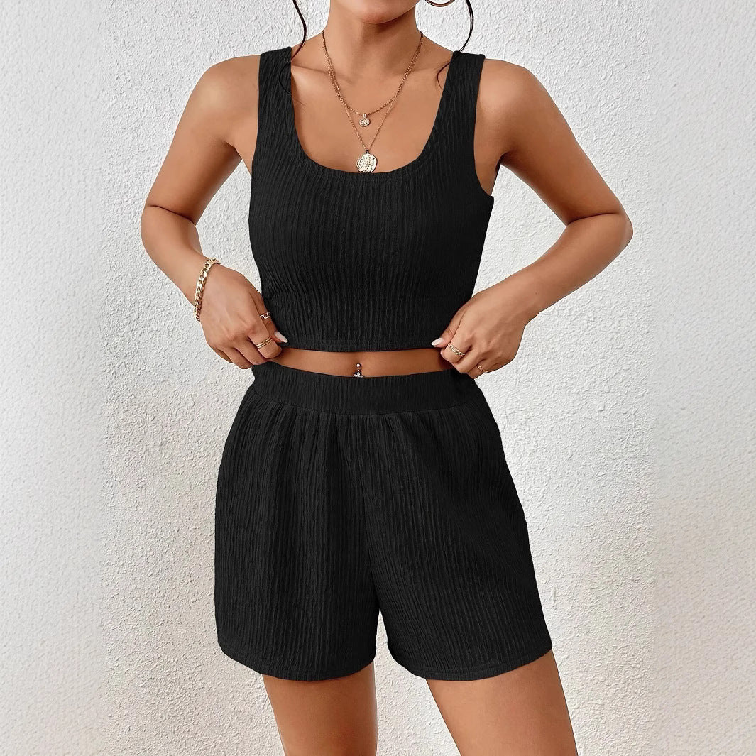 Damen sportliches Set aus leichtem Material mit cropped Oberteil und Shorts R&B