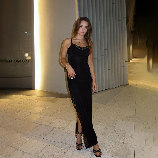 Damen elegantes Spitzen-Maxikleid mit zarten Trägerspitzendetails R&B