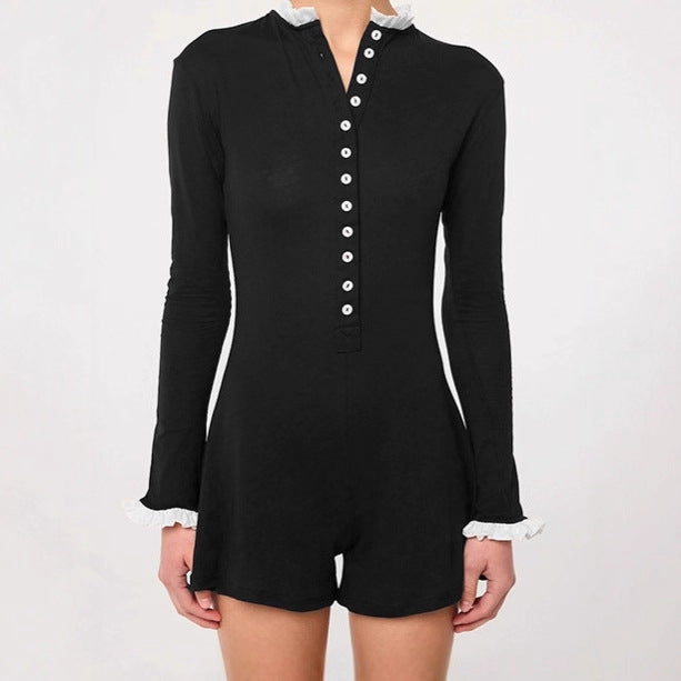 Damen Eleganter Langarm-Jumpsuit mit Knopfleiste und Rüschendetails R&B
