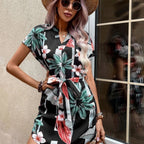 Damen lässiges Kurzarmkleid mit Bindegürtel und floralem Muster R&B