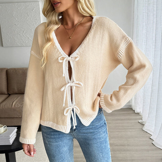 Damen lässiger Strickcardigan mit dekorativen Bindebändern R&B