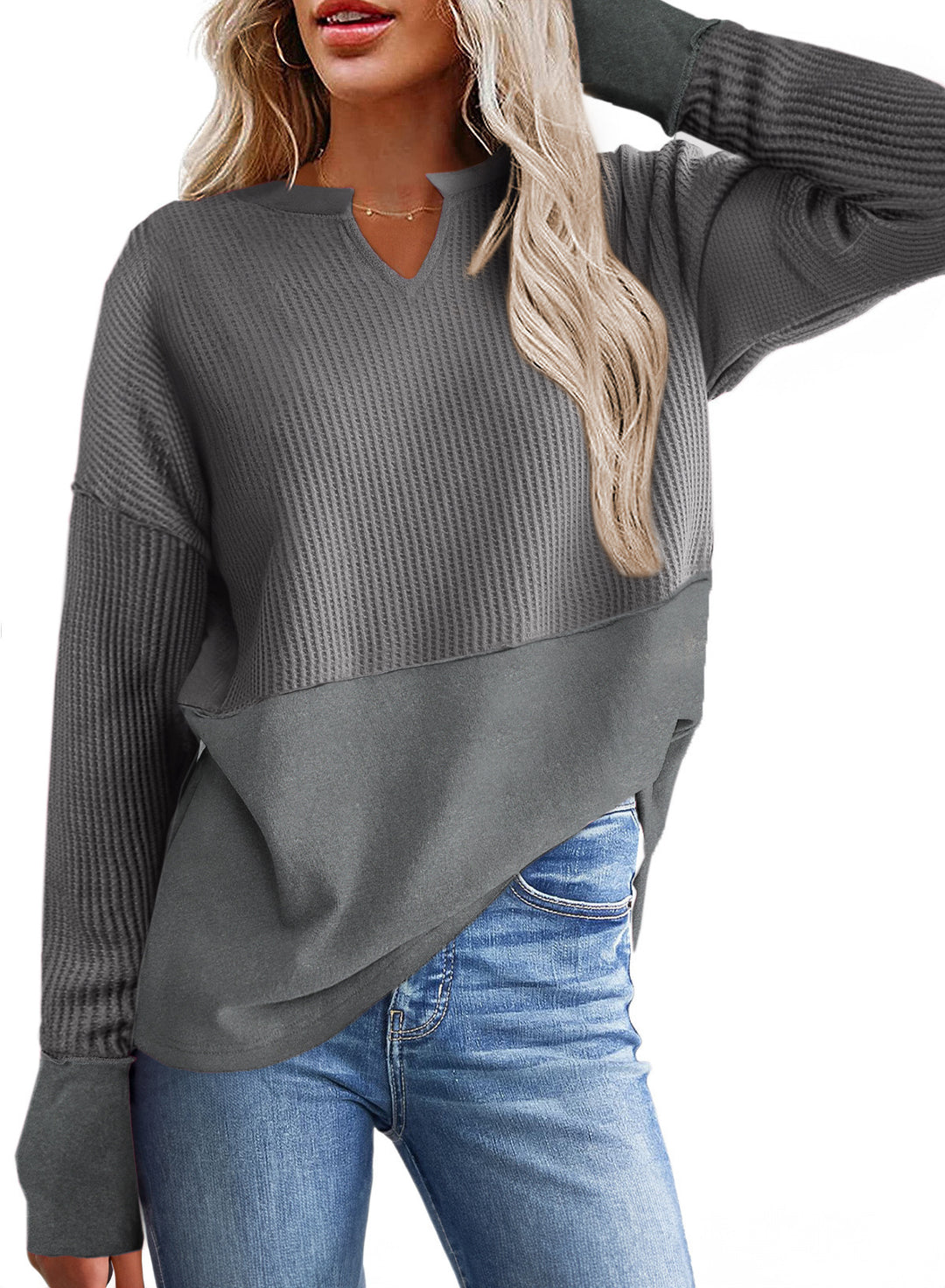 Damen lässiger Knit-Pullover mit V-Ausschnitt und Struktur R&B