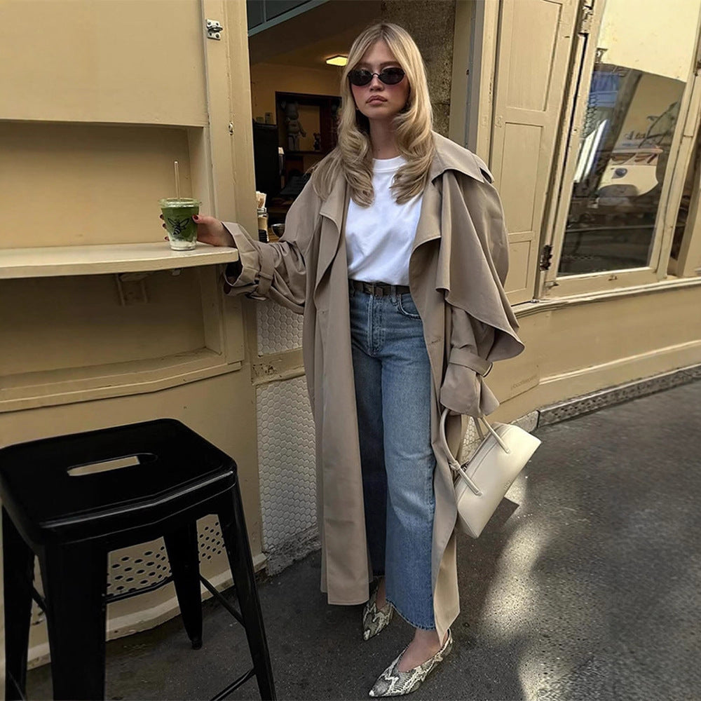Damen Übergröße Trenchcoat mit voluminösen Ärmeln und taillierter Schnürung R&B