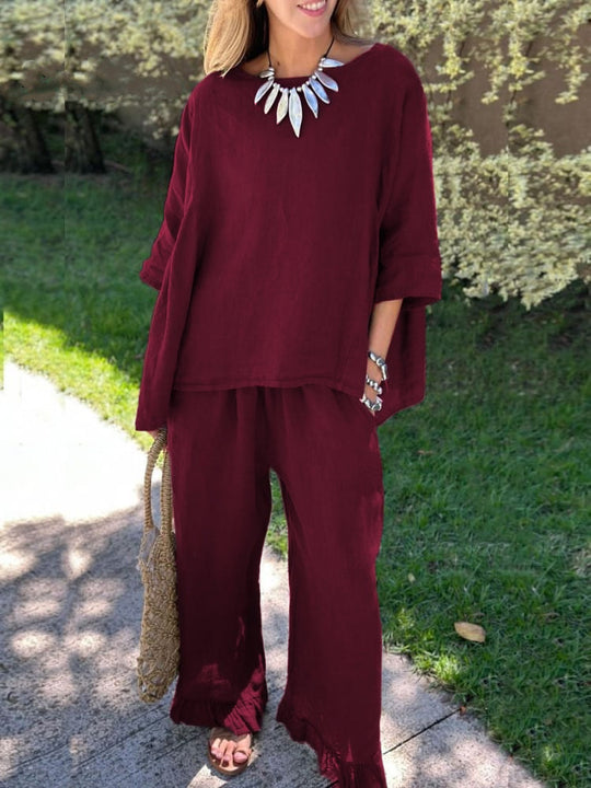 Damen lässiges Leinen-Outfit mit weitem Schnitt und angeschnittenen Ärmeln R&B