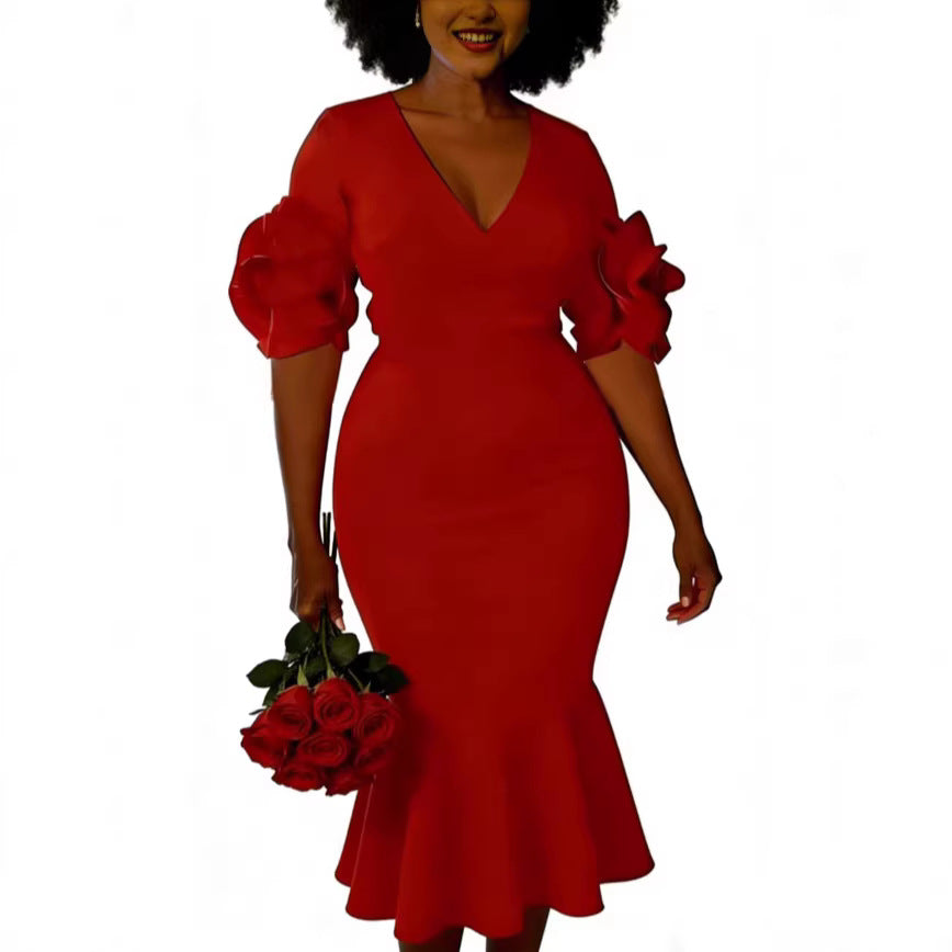 Damen figurbetontes Kleid mit voluminösen Rüschenschultern R&B