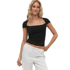 Damen Figurbetontes Kurzarmshirt mit quadratischem Ausschnitt und elastischem Material R&B