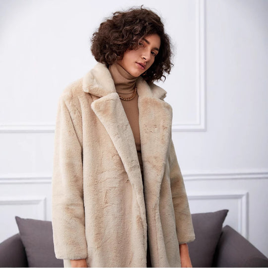 Damen Langer Kunstpelzmantel mit elegantem Reverskragen und praktischen Taschen R&B