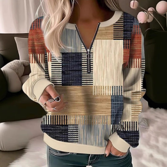 Damen nan gemütlicher Pullover mit kurzem Reißverschluss, grafischem Patchworkmuster, verlängerten Ärmelbündchen und geripptem Saum R&B