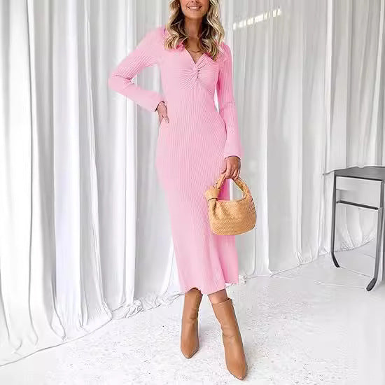Damen elegantes Midikleid mit V-Ausschnitt und strukturiertem Rippdesign R&B