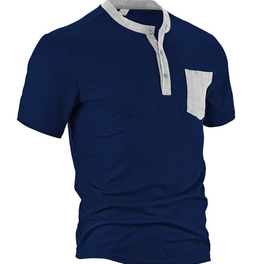 Herren nan atmungsaktives Waffel-Henleyshirt mit Stehkragen kurzer Knopfleiste und aufgesetzter Brusttasche R&B