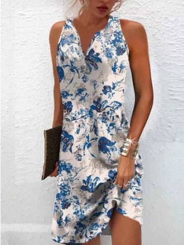 Damen, lässiges Sommerkleid mit V-Ausschnitt und asymmetrischem Saum R&B