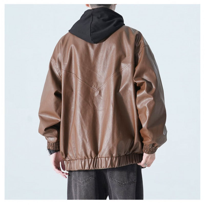 Damen modische Kunstlederjacke mit praktischen Taschen und hohem Kragen