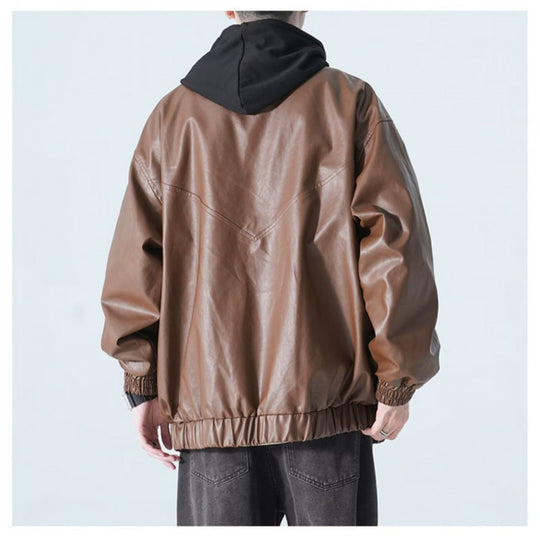 Damen modische Kunstlederjacke mit praktischen Taschen und hohem Kragen R&B