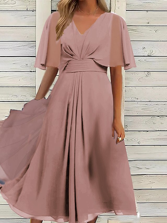 Damen elegantes Midikleid mit fließendem Stoff und asymmetrischen Ärmeln R&B