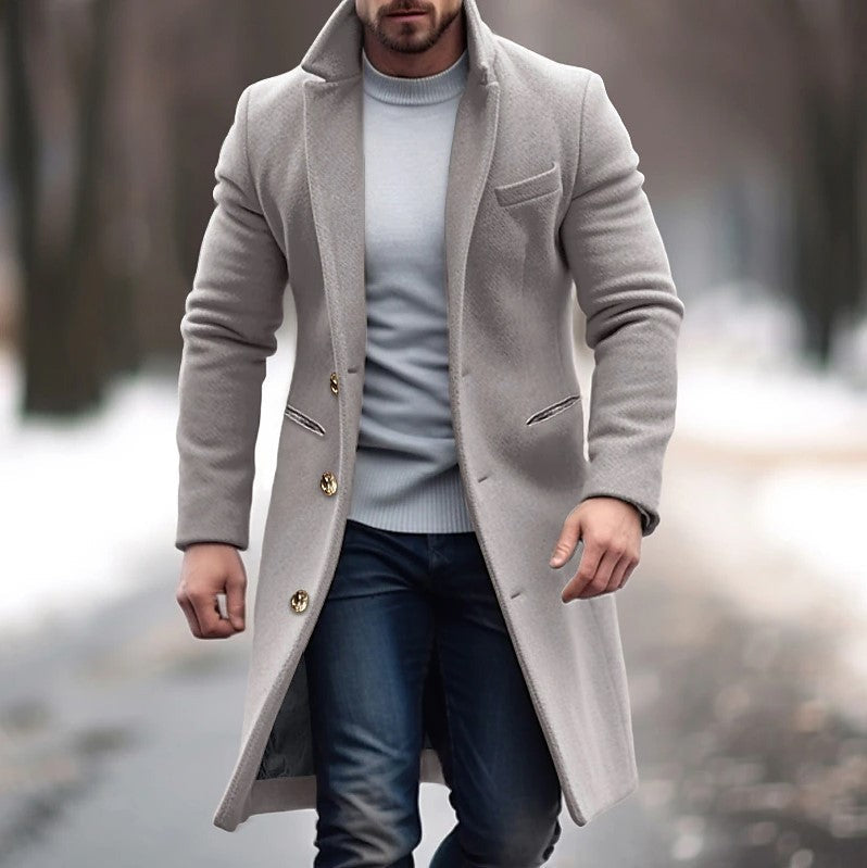 Herren eleganter Wollmantel mit schmalem Schnitt und goldenen Knöpfen R&B