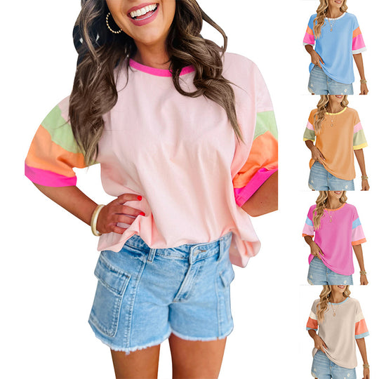Damen lässiges T-Shirt mit farbenfrohen Ärmeln und weitem Schnitt R&B