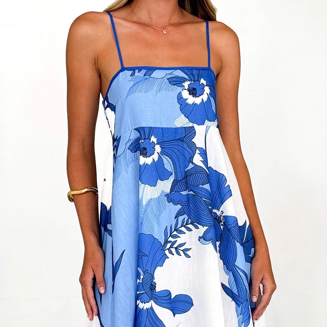 Damen Maxikleid mit filigranem Blumenmuster und schmalen Trägern R&B