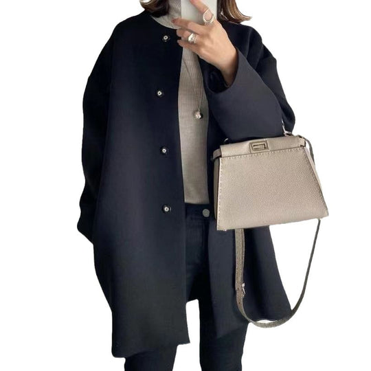 Damen Eleganter Oversized Wollmantel mit Doppelknopf-Verschluss und seitlichen Taschen R&B