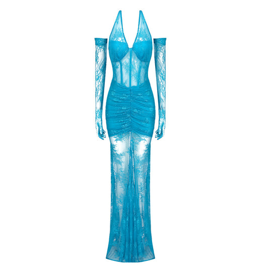 Damen elegantes Spitzenkleid mit langem Ärmel und raffinierten Falten R&B