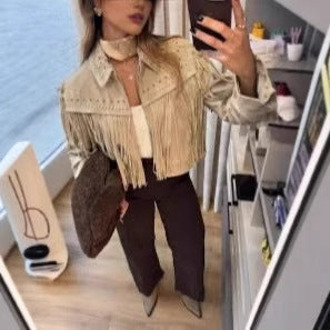 Damen modische Fransenjacke mit steinverziertem Kragen R&B