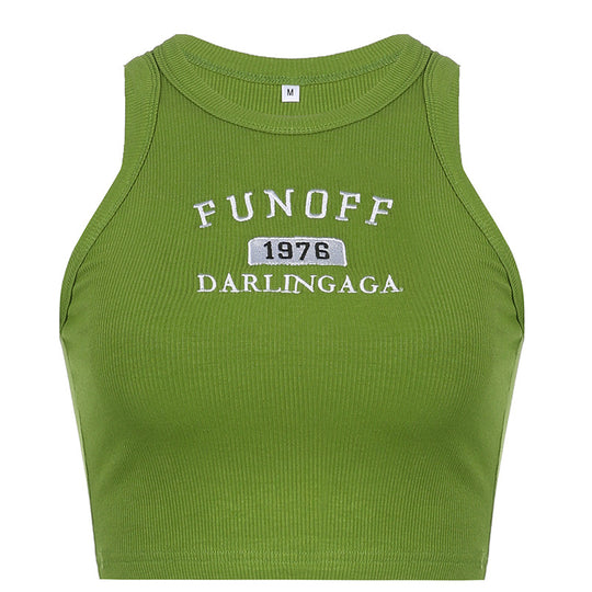 Damen sportliches Crop-Top mit stylischem Schriftzug und hochgeschlossenem Design R&B
