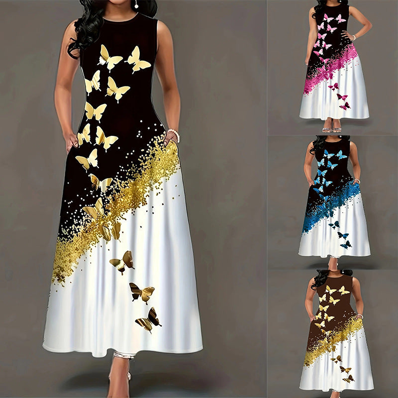 Damen Maxikleid mit elegantem Schmetterlingsdesign und praktischen Taschen R&B