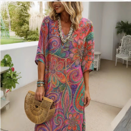 Damen nan luftiges Boho-Kaftankleid mit V-Ausschnitt, lockerem Fall und kurzen Fledermausärmeln R&B