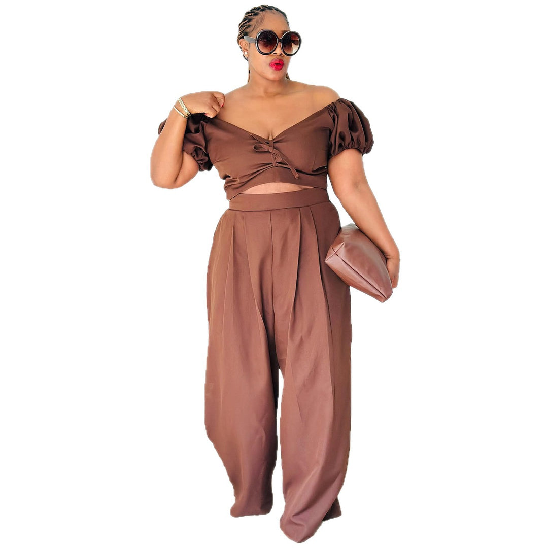 Damen Crop-Top und Palazzo-Hosen Set mit voluminösen Ärmeln und eleganten Falten R&B