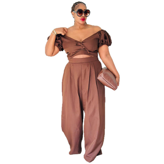 Damen Crop-Top und Palazzo-Hosen Set mit voluminösen Ärmeln und eleganten Falten R&B