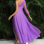 Damen Elegantes Maxikleid mit asymmetrischem Ausschnitt und fransierten Details R&B