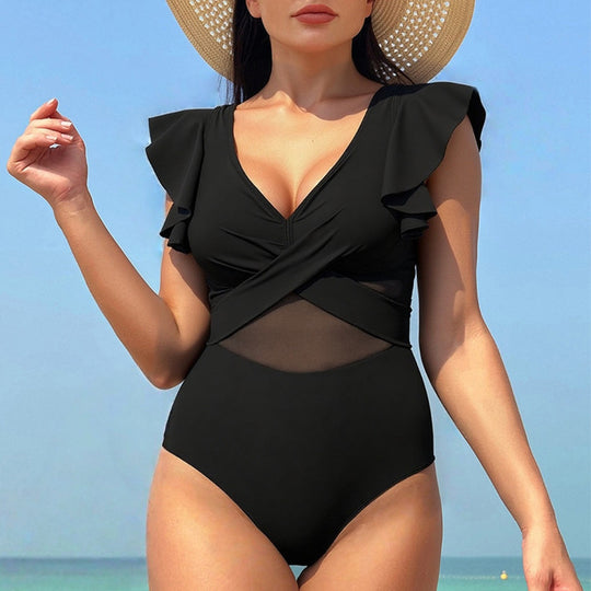 Damen Eleganter Einteiler Badeanzug mit asymmetrischem Rüschendesign R&B