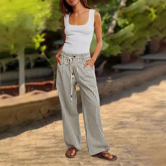 Damen Bequeme Strandhose mit lässigem Streifenmuster und geflochtenem Bund R&B