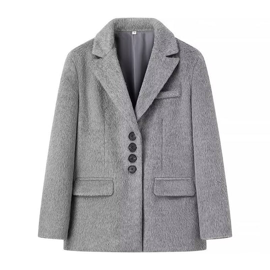 Damen elegante Blazerjacke mit weichem Fell und dekorativen Knopfdetails R&B