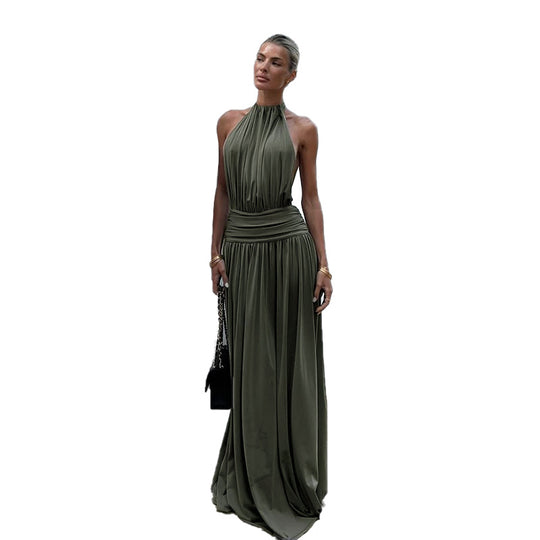 Damen elegantes Maxikleid mit hochwertigem Halterneck-Design und fließendem Stoff R&B