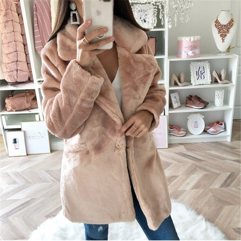 Damen Elegante Kunstfell-Jacke mit aufgesetzten Taschen und großem Revers R&B