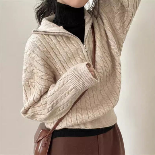 Damen kuscheliger Strickpullover mit hochschließendem Kragen und Zipper R&B