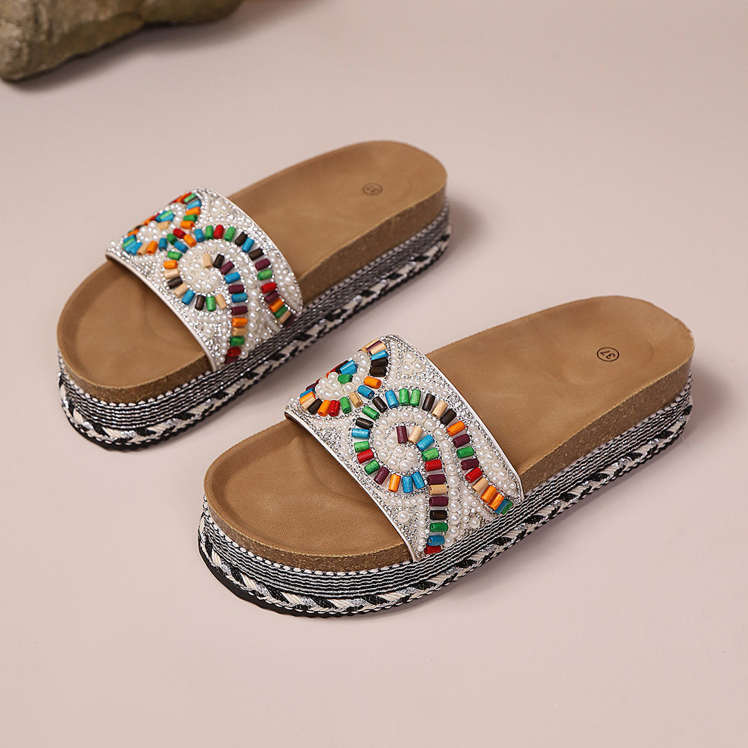 Damen Plateausandalen mit bunten Perlenverzierungen und komfortablem Fußbett R&B