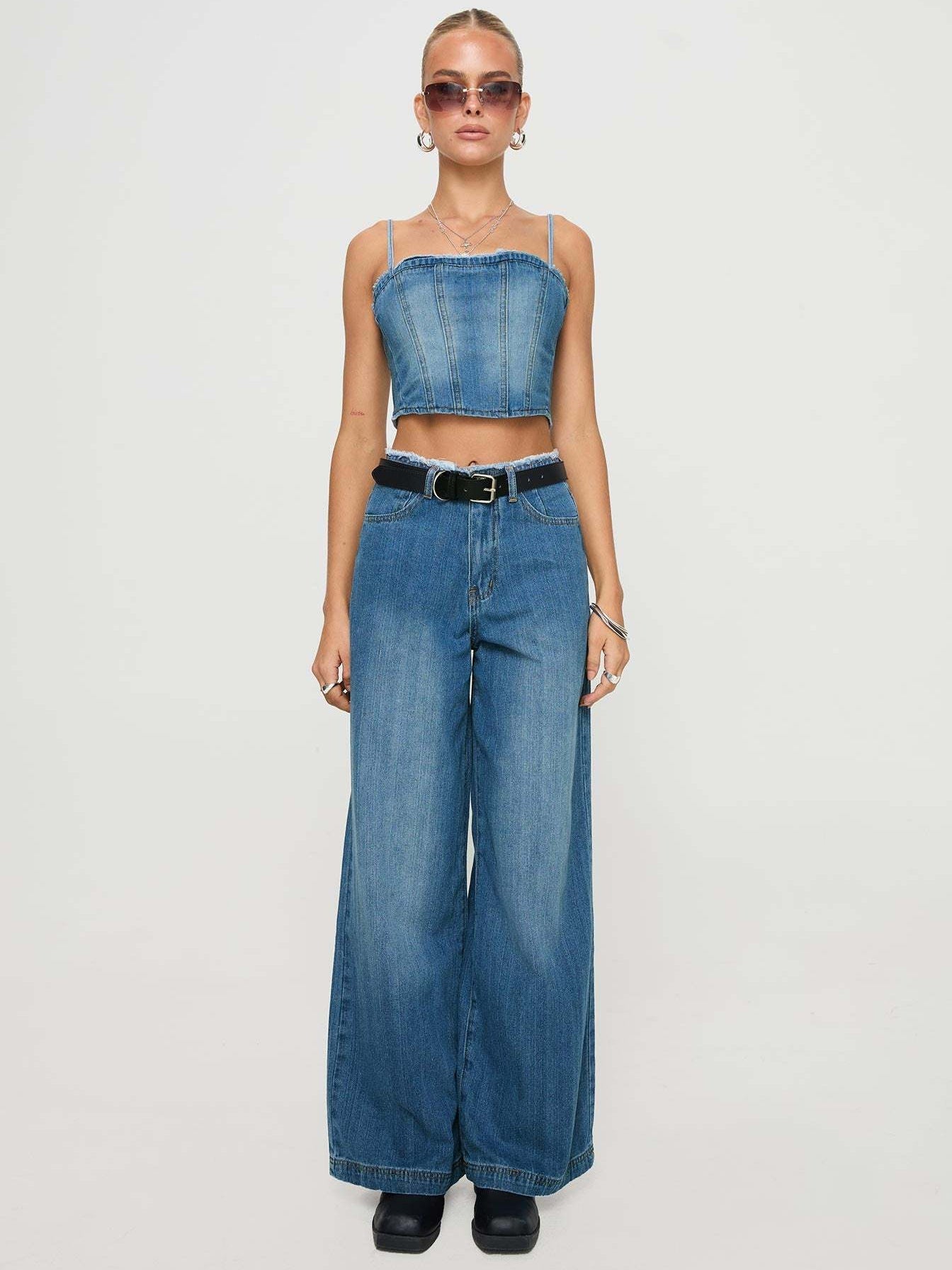 Damen Weit geschnittene Denim-Hose mit fransigem Saum und hohem Bund R&B