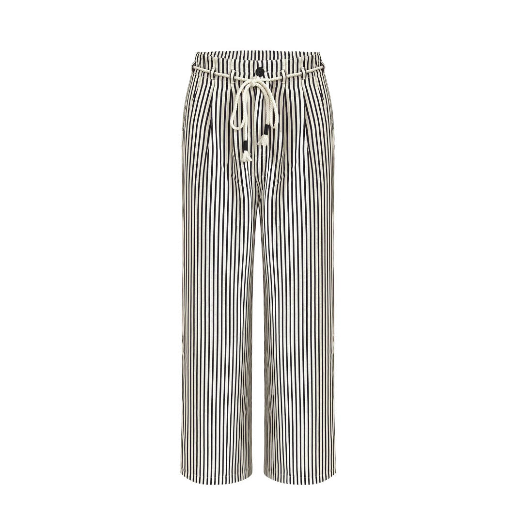 Damen lässige weite Hose im Streifenlook mit elastischem Bund und Bindegürtel R&B