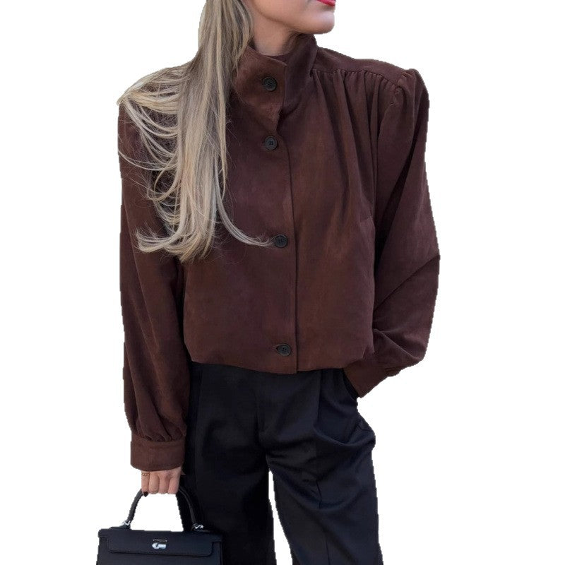 Damen elegante Jacke mit strukturierten Puffärmeln und Knopfdetail R&B