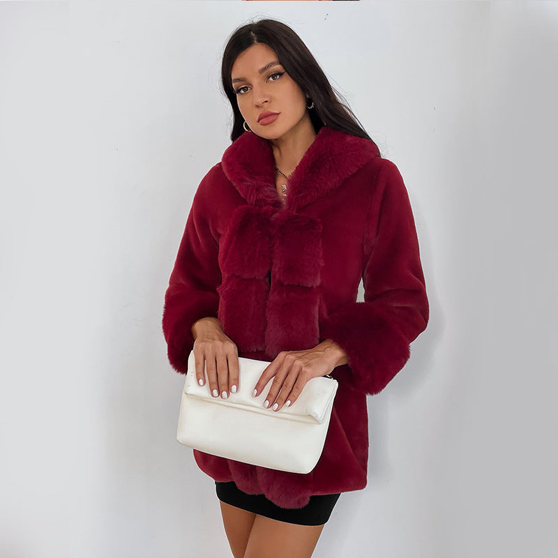 Damen Flauschige Kunstpelzjacke mit Kapuze und dekorativen Details R&B