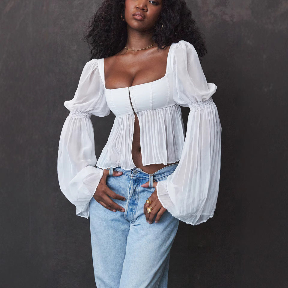 Damen Cropped Bluse mit Puffärmeln R&B