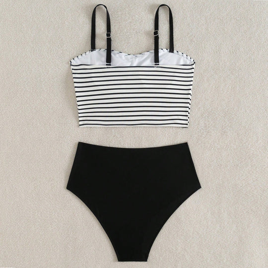 Damen Hochgeschnittener Bikini mit gestreiften Crop-Oberteil R&B