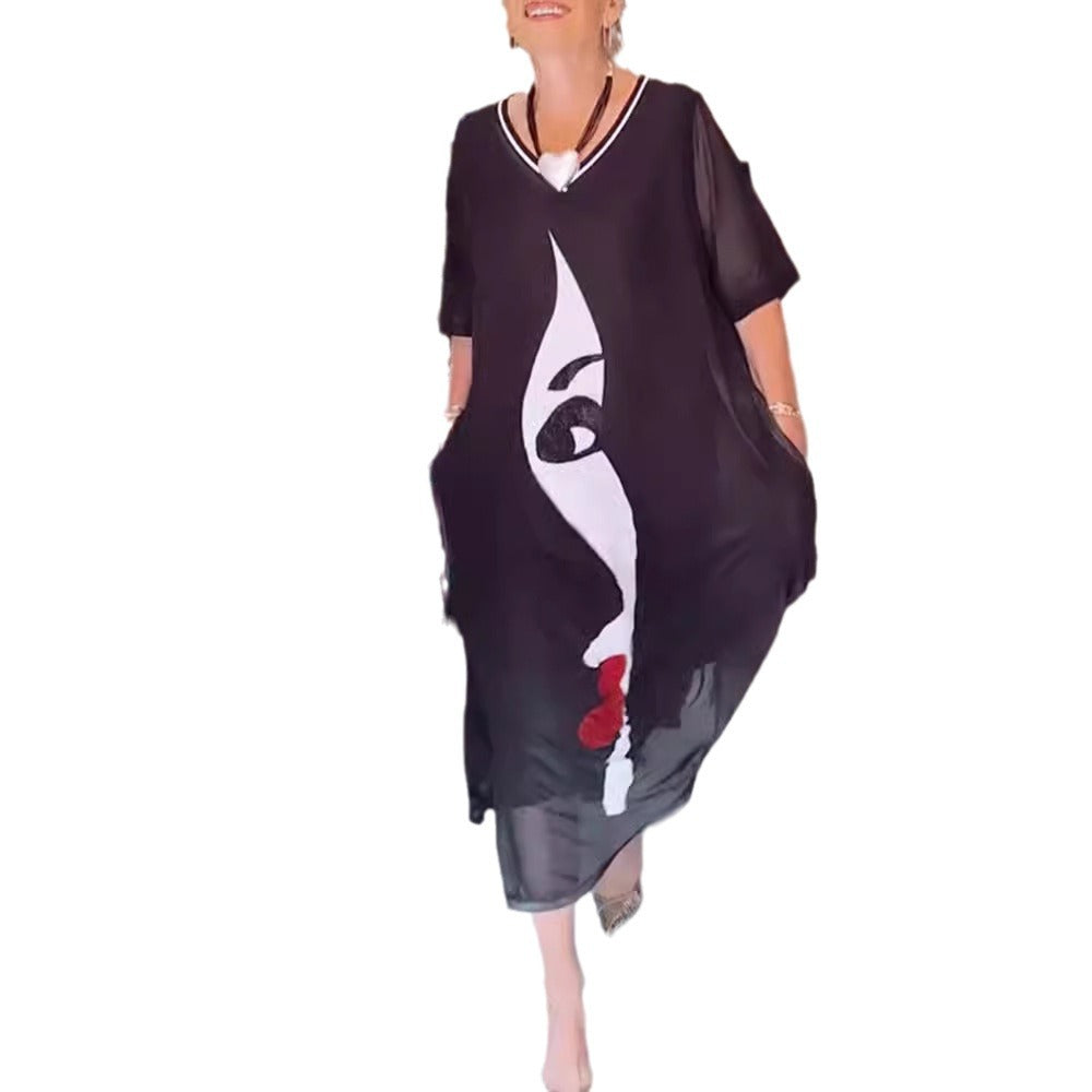Damen nan luftiges Chiffon-Maxikleid mit grafischem Gesichtsprint, V-Ausschnitt und seitlichen Eingrifftaschen R&B