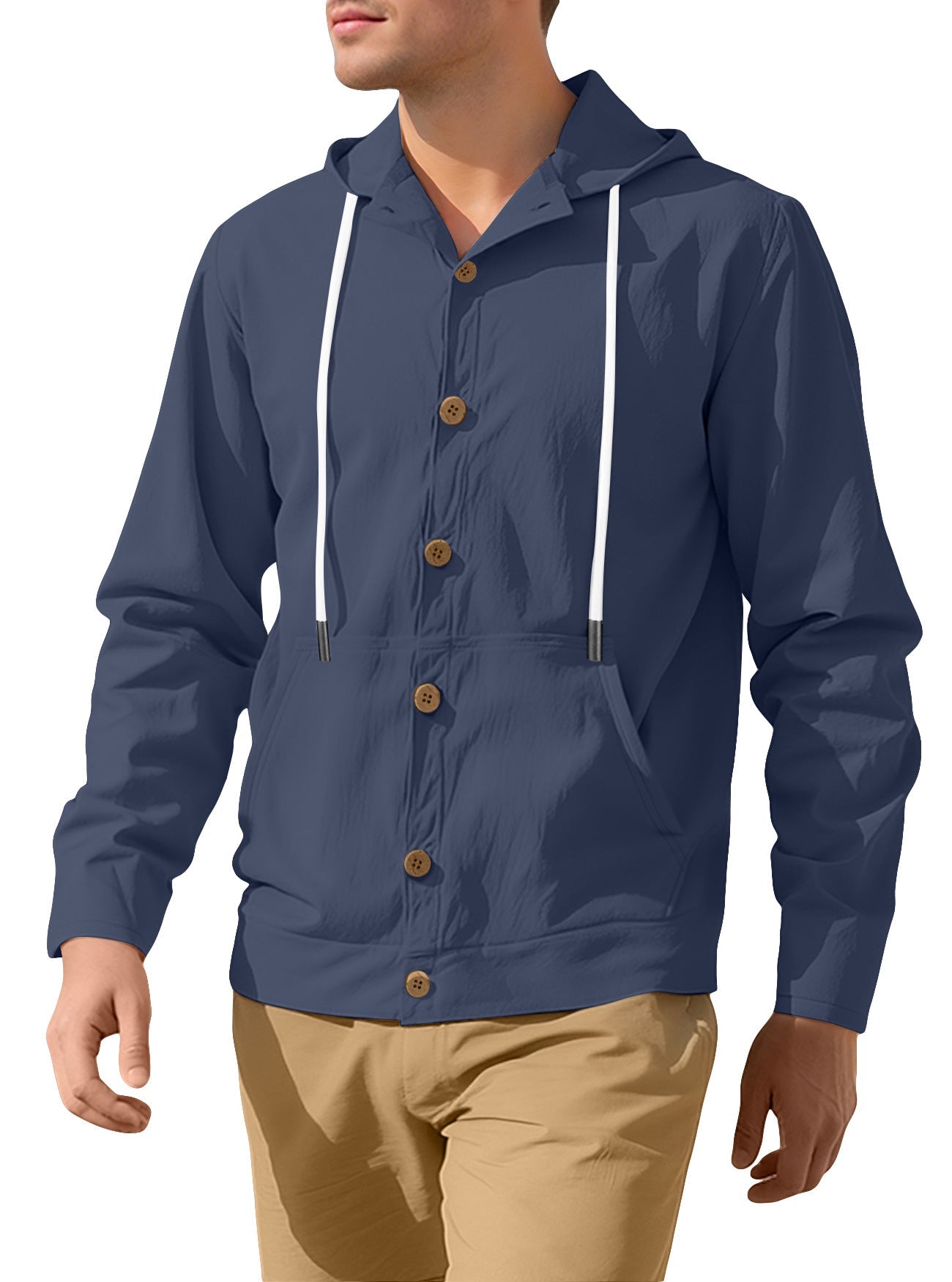 Herren nan leichte Kapuzenjacke mit Knopfleiste, Kängurutasche und Tunnelzug R&B