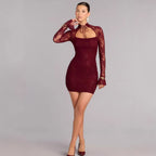Damen Spitzen Minikleid mit hohem Kragen und schmalen Ärmeln R&B