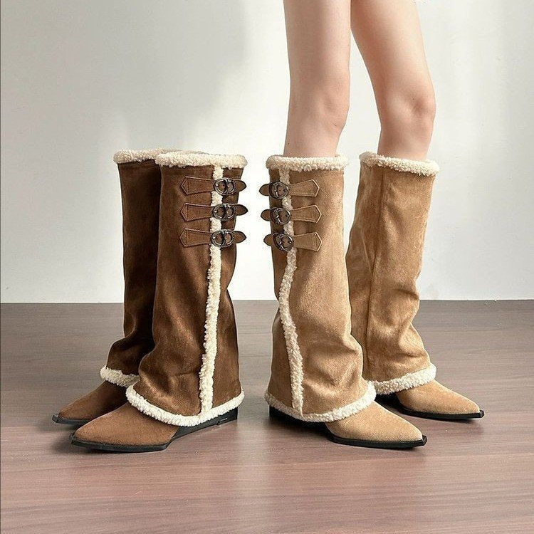 Damen hohe Stiefel mit weichem Kunstfellkragen und detaillierter Schnürfront R&B