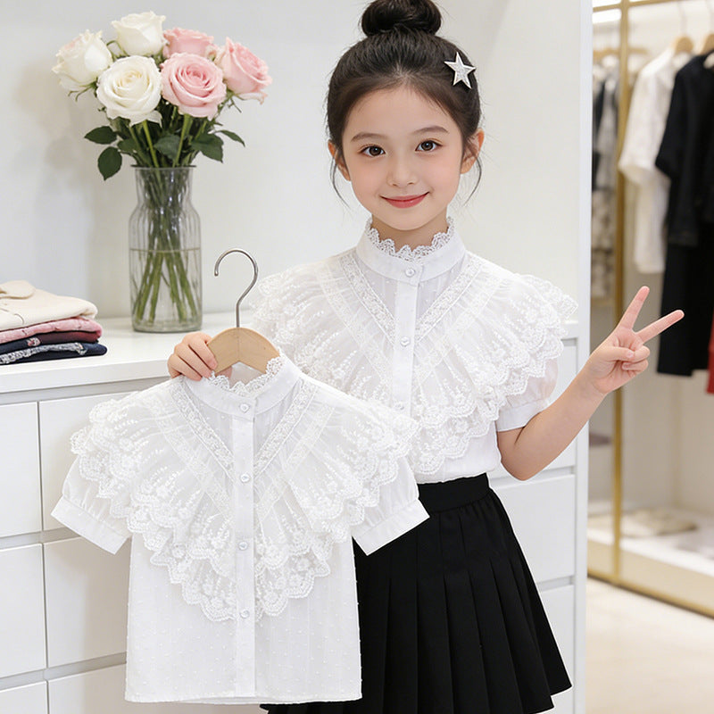 Mädchen elegante Rüschenbluse mit Spitzenbesatz R&B